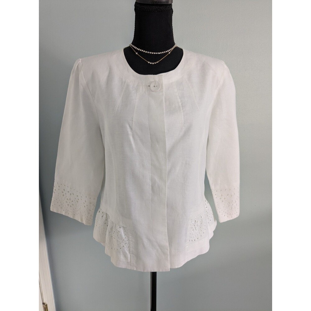 St Tropez West White Linen Jacket Women's L Eyelet Embroidery Blazer Vacation
